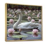 White Swan In Pond Blossoming Pink Lotus - Swans Canvas Wall Art