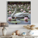 White Swan In Pond Blossoming Pink Lotus - Swans Canvas Wall Art