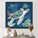 Deep Sea Turtle Swimming Retro Illustration - Turtle Bedroom Wall Art