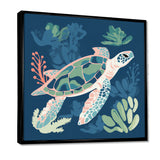 Deep Sea Turtle Swimming Retro Illustration - Turtle Bedroom Wall Art