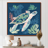 Deep Sea Turtle Swimming Retro Illustration - Turtle Bedroom Wall Art