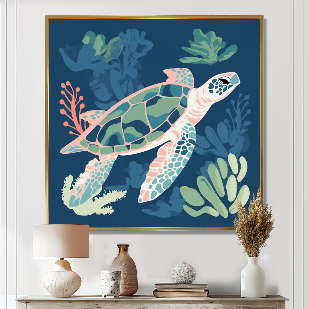 Deep Sea Turtle Swimming Retro Illustration - Turtle Bedroom Wall Art