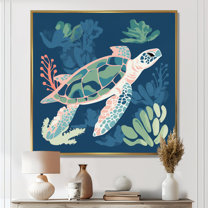 Deep Sea Turtle Swimming Retro Illustration - Turtle Bedroom Wall Art