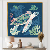 Deep Sea Turtle Swimming Retro Illustration - Turtle Bedroom Wall Art