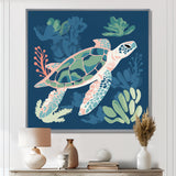 Deep Sea Turtle Swimming Retro Illustration - Turtle Bedroom Wall Art