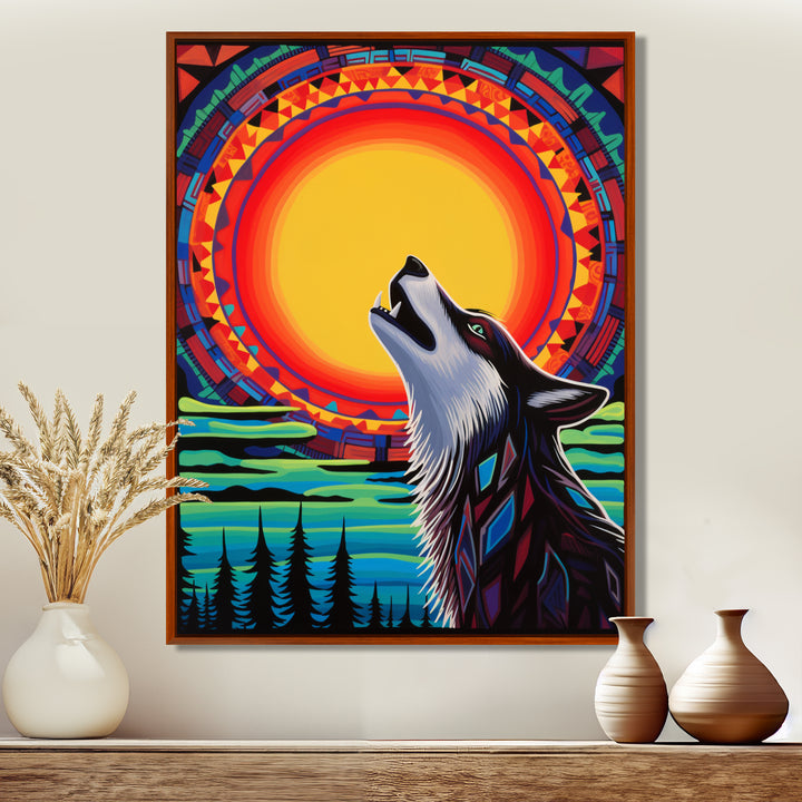 Wolf Howling At The Full Moon Ethnic Retro - Wolf Wall Decor