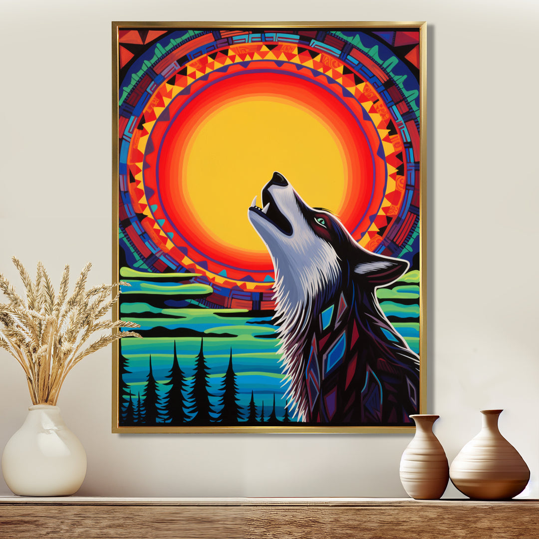 Wolf Howling At The Full Moon Ethnic Retro - Wolf Wall Decor