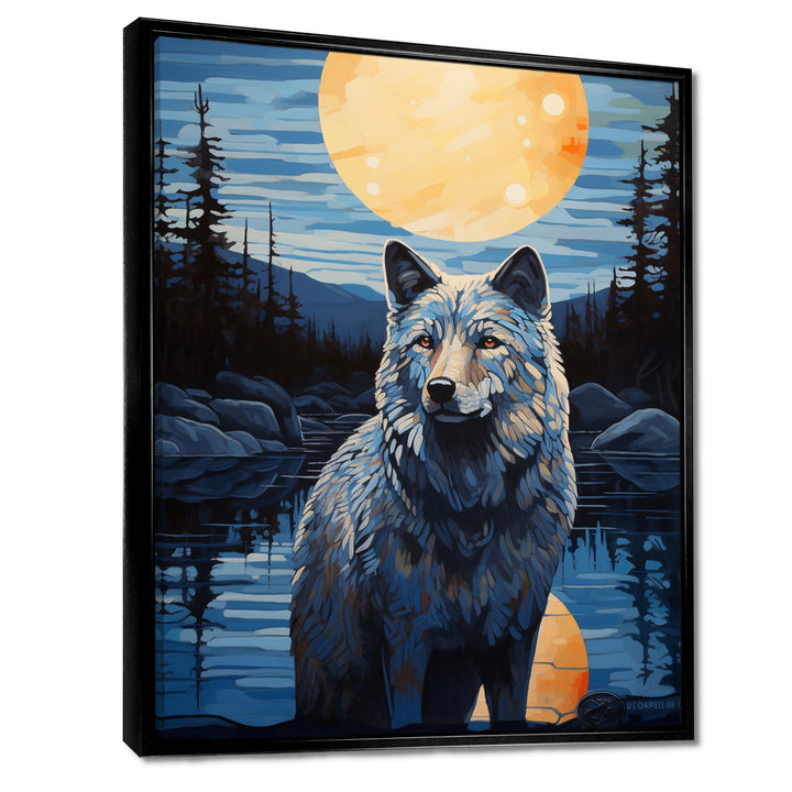 White Wolf Under The Full Moon By The Forest River Retro - Wolf Wall Decor