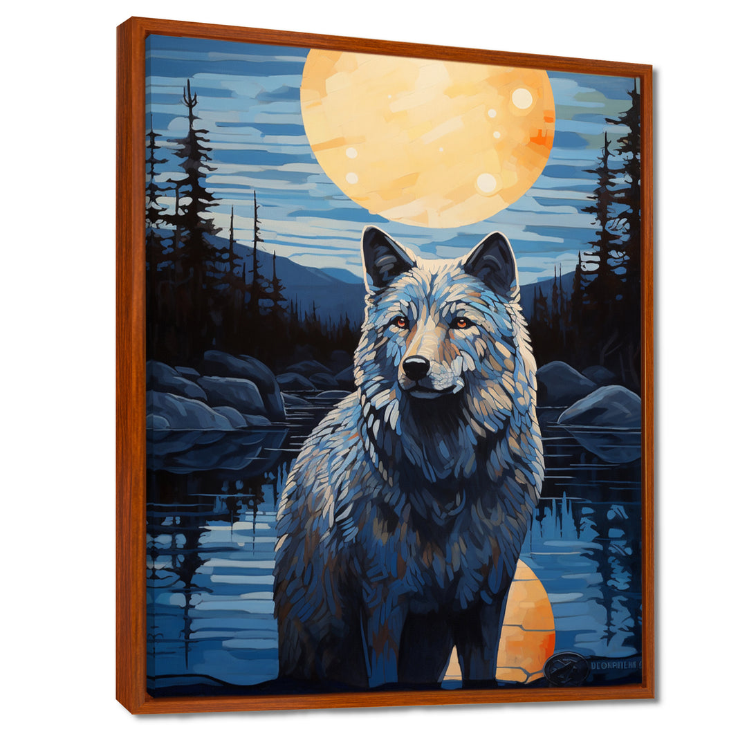White Wolf Under The Full Moon By The Forest River Retro - Wolf Wall Decor