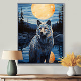 White Wolf Under The Full Moon By The Forest River Retro - Wolf Wall Decor