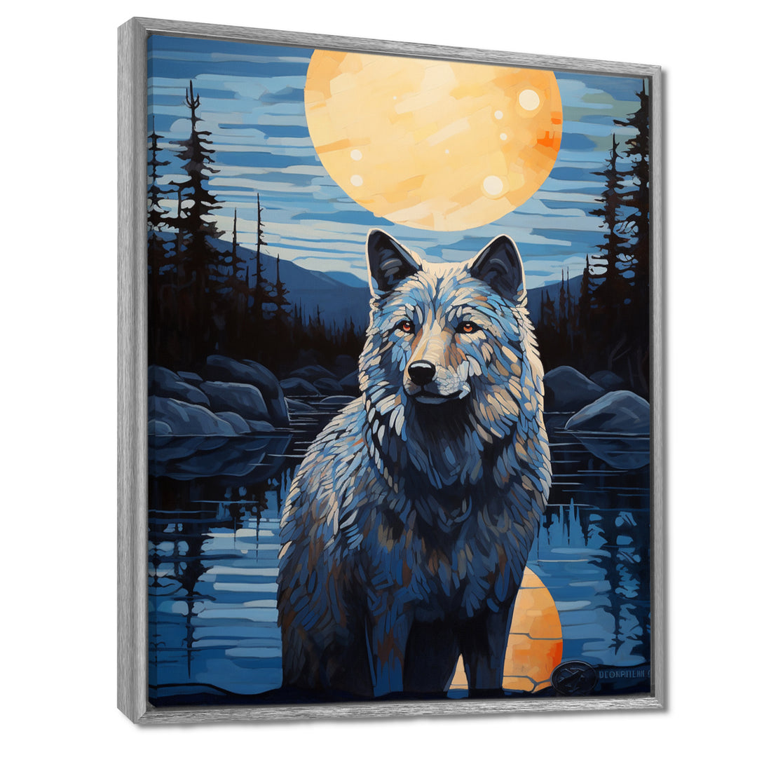 White Wolf Under The Full Moon By The Forest River Retro - Wolf Wall Decor