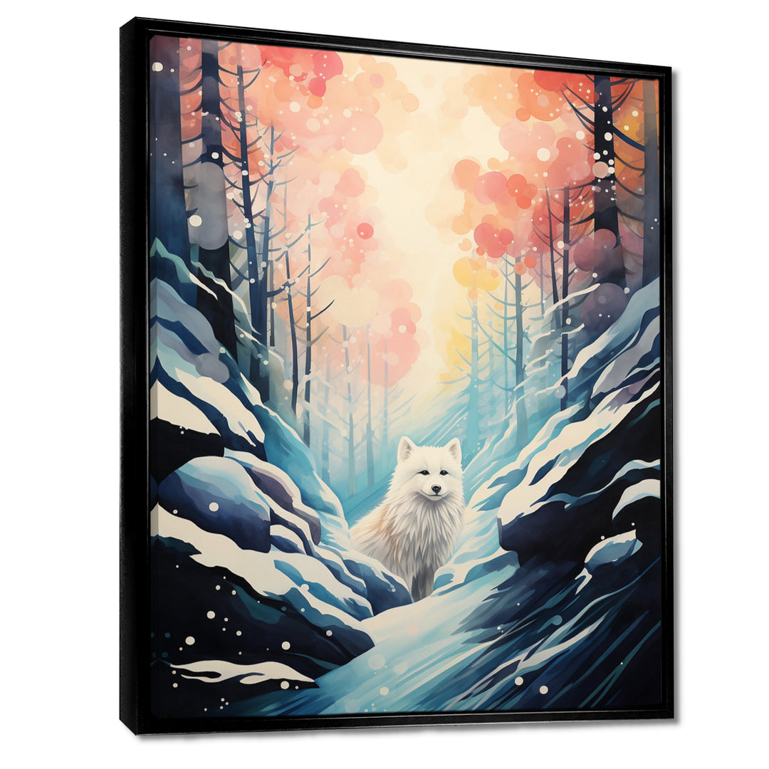 White Wolf In Snowy Forest Pastel Sunset Vintage Illustration - Wolf Wall Art Prints