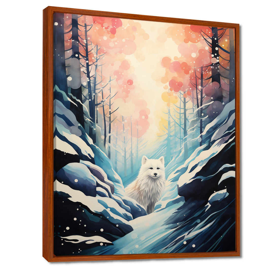 White Wolf In Snowy Forest Pastel Sunset Vintage Illustration - Wolf Wall Art Prints