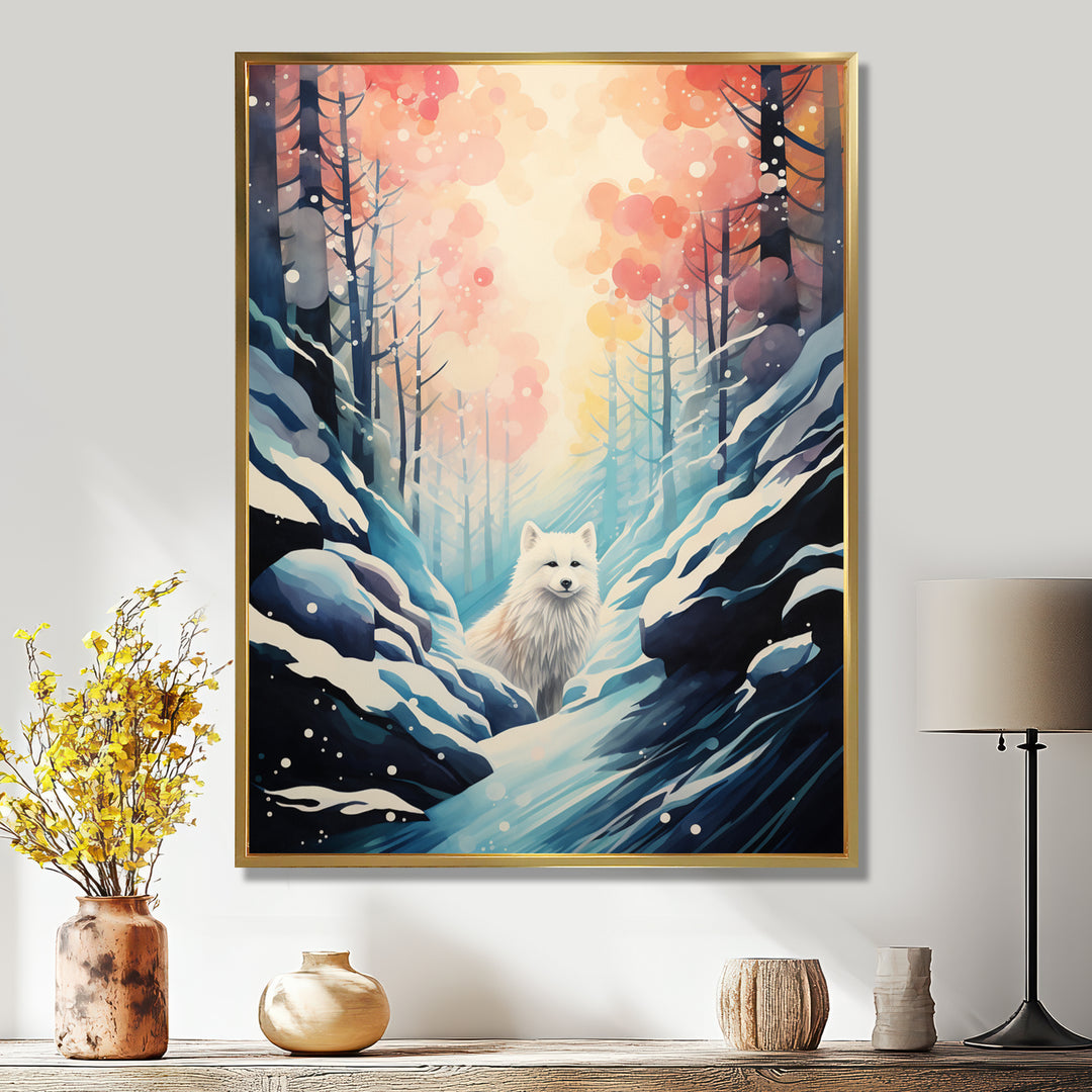 White Wolf In Snowy Forest Pastel Sunset Vintage Illustration - Wolf Wall Art Prints