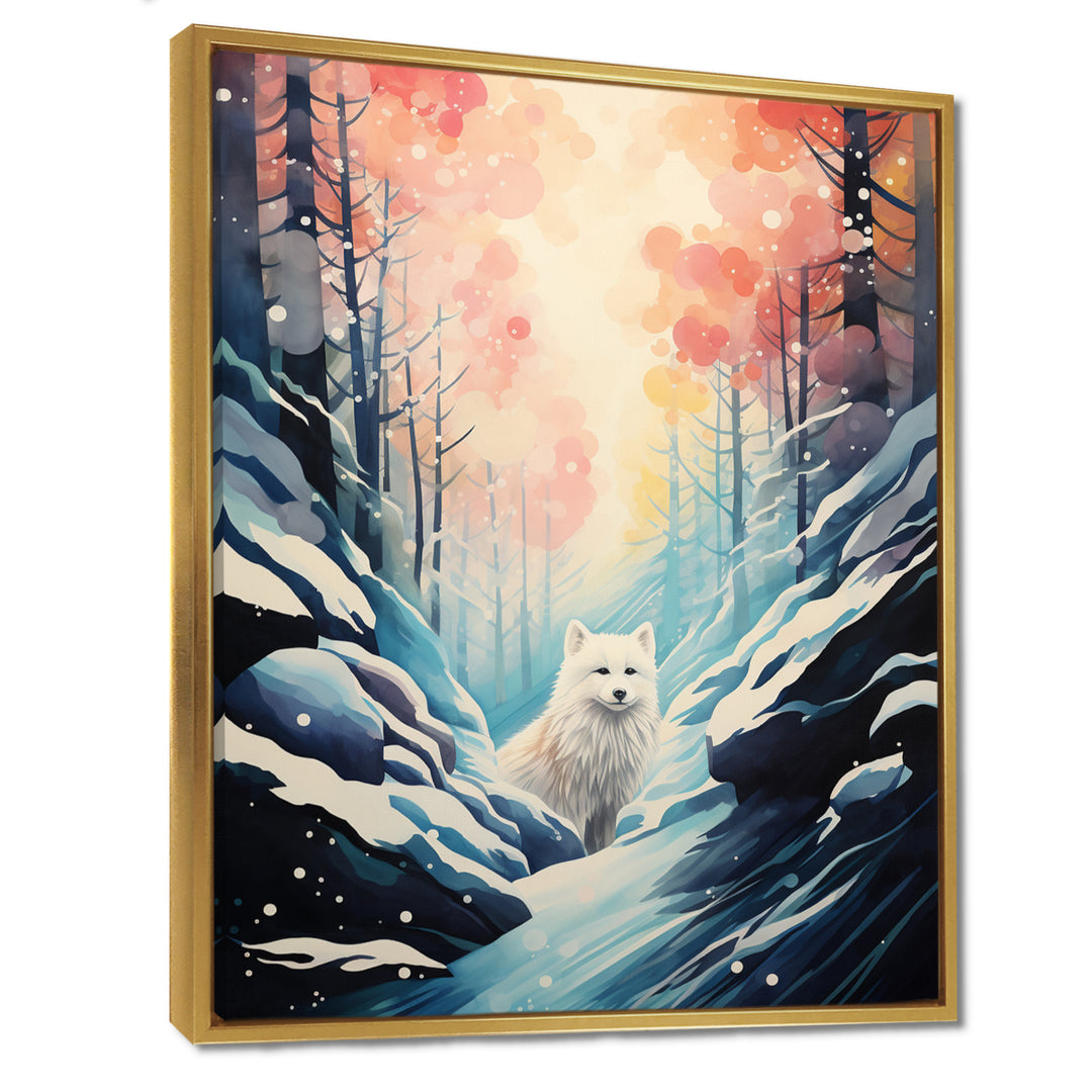 White Wolf In Snowy Forest Pastel Sunset Vintage Illustration - Wolf Wall Art Prints