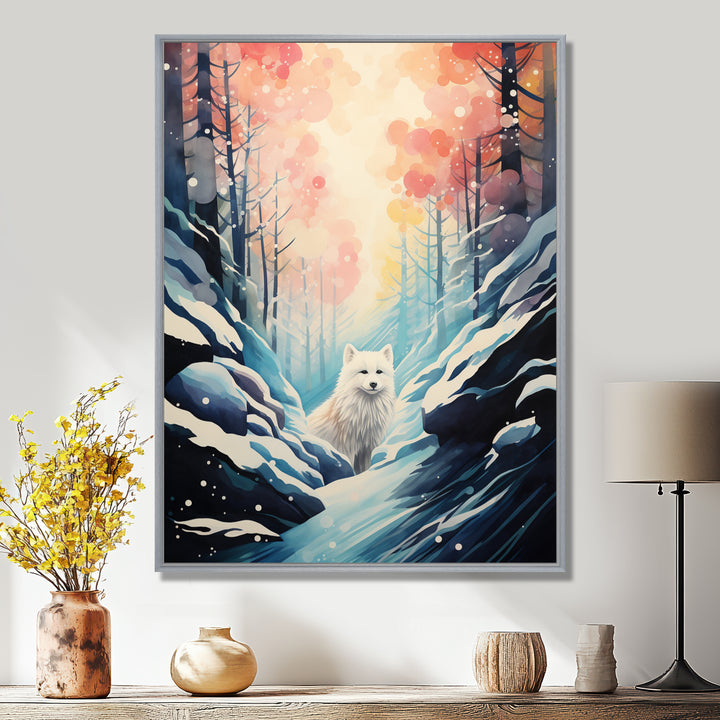 White Wolf In Snowy Forest Pastel Sunset Vintage Illustration - Wolf Wall Art Prints