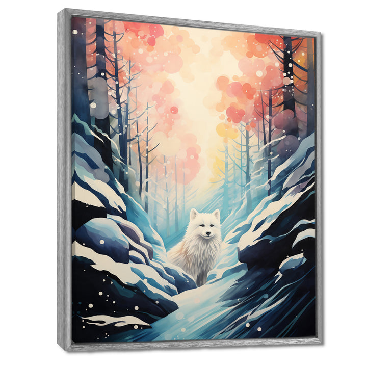 White Wolf In Snowy Forest Pastel Sunset Vintage Illustration - Wolf Wall Art Prints