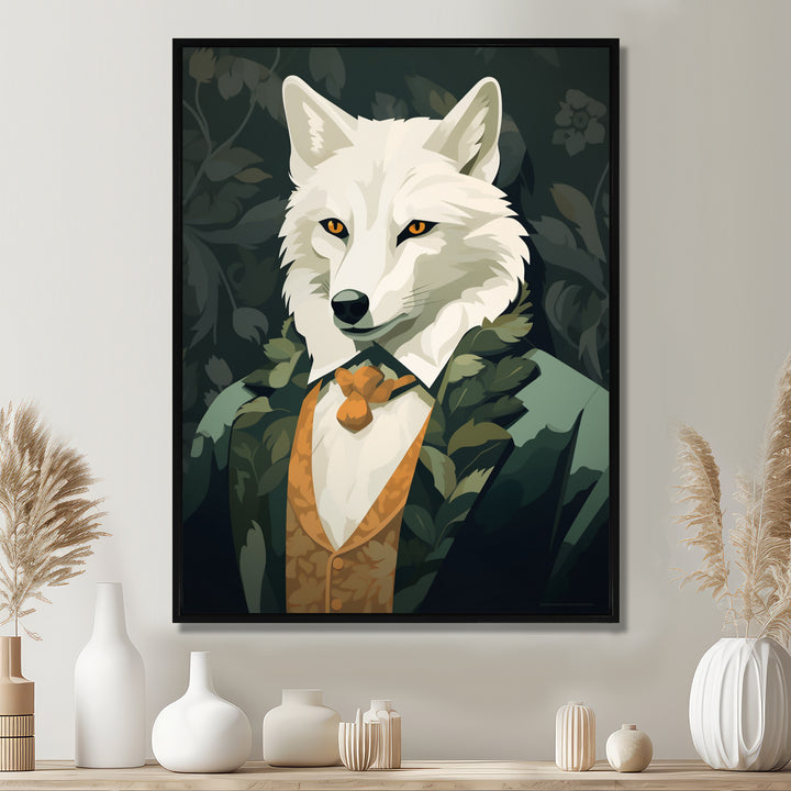 Stylish White Wolf In Green Suit - White Wolf Wall Art