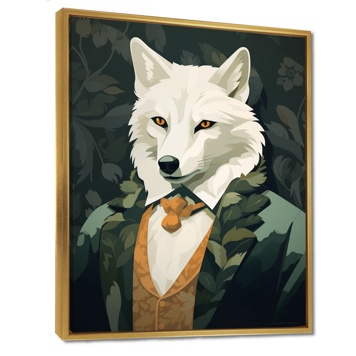 Stylish White Wolf In Green Suit - White Wolf Wall Art