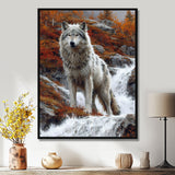 Wild Grey Wolf By Mountain River - Wolf Framed Canvas Art