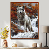 Wild Grey Wolf By Mountain River - Wolf Framed Canvas Art