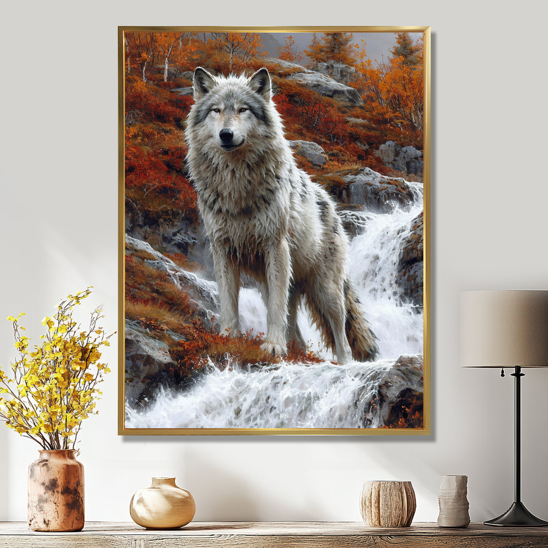 Wild Grey Wolf By Mountain River - Wolf Framed Canvas Art