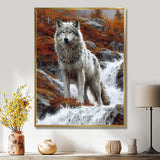 Wild Grey Wolf By Mountain River - Wolf Framed Canvas Art