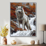 Wild Grey Wolf By Mountain River - Wolf Framed Canvas Art