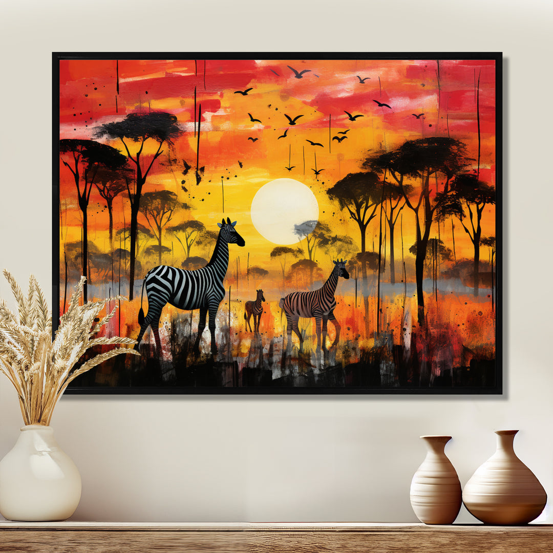 Zebra Roaming In The Savanna Under The Setting Sun - Zebra Large Canvas Wall Art