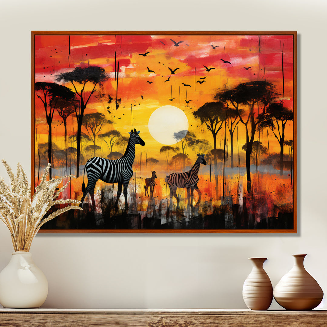 Zebra Roaming In The Savanna Under The Setting Sun - Zebra Large Canvas Wall Art