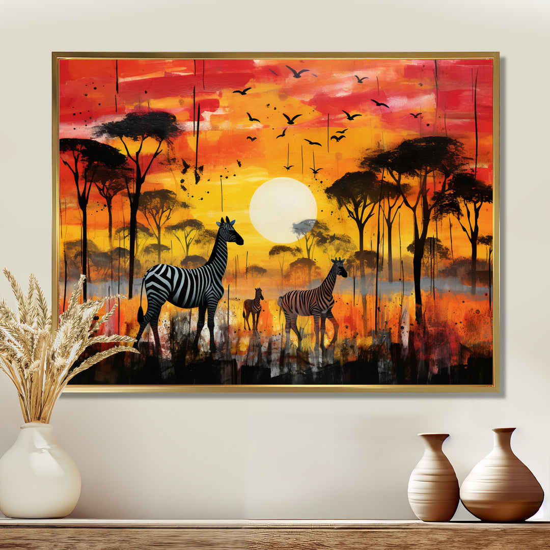Zebra Roaming In The Savanna Under The Setting Sun - Zebra Large Canvas Wall Art