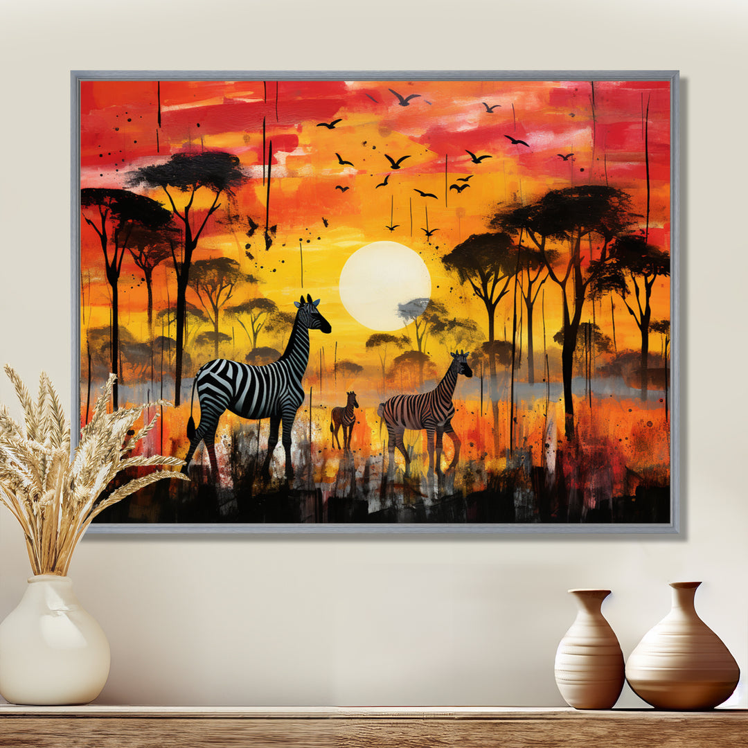 Zebra Roaming In The Savanna Under The Setting Sun - Zebra Large Canvas Wall Art