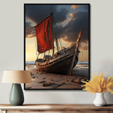 Coastal Quietness Red Sailboat Stranded On Desert Beach - Boat Canvas Wall Art