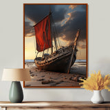 Coastal Quietness Red Sailboat Stranded On Desert Beach - Boat Canvas Wall Art