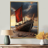 Coastal Quietness Red Sailboat Stranded On Desert Beach - Boat Canvas Wall Art