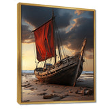 Coastal Quietness Red Sailboat Stranded On Desert Beach - Boat Canvas Wall Art