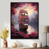 Triumph Sailboat Arriving In Pink Blossoming Harbor - Boat Canvas Wall Art
