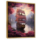 Triumph Sailboat Arriving In Pink Blossoming Harbor - Boat Canvas Wall Art