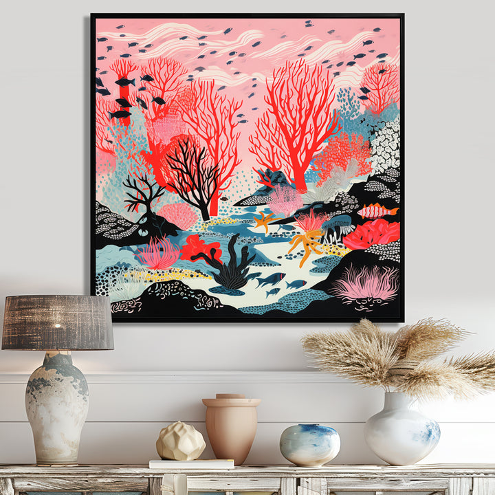 Deep Ocean Red Coral With Little Fishes Retro Illustration - Coral Wall Decor