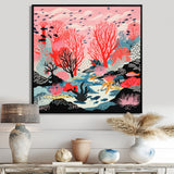 Deep Ocean Red Coral With Little Fishes Retro Illustration - Coral Wall Decor