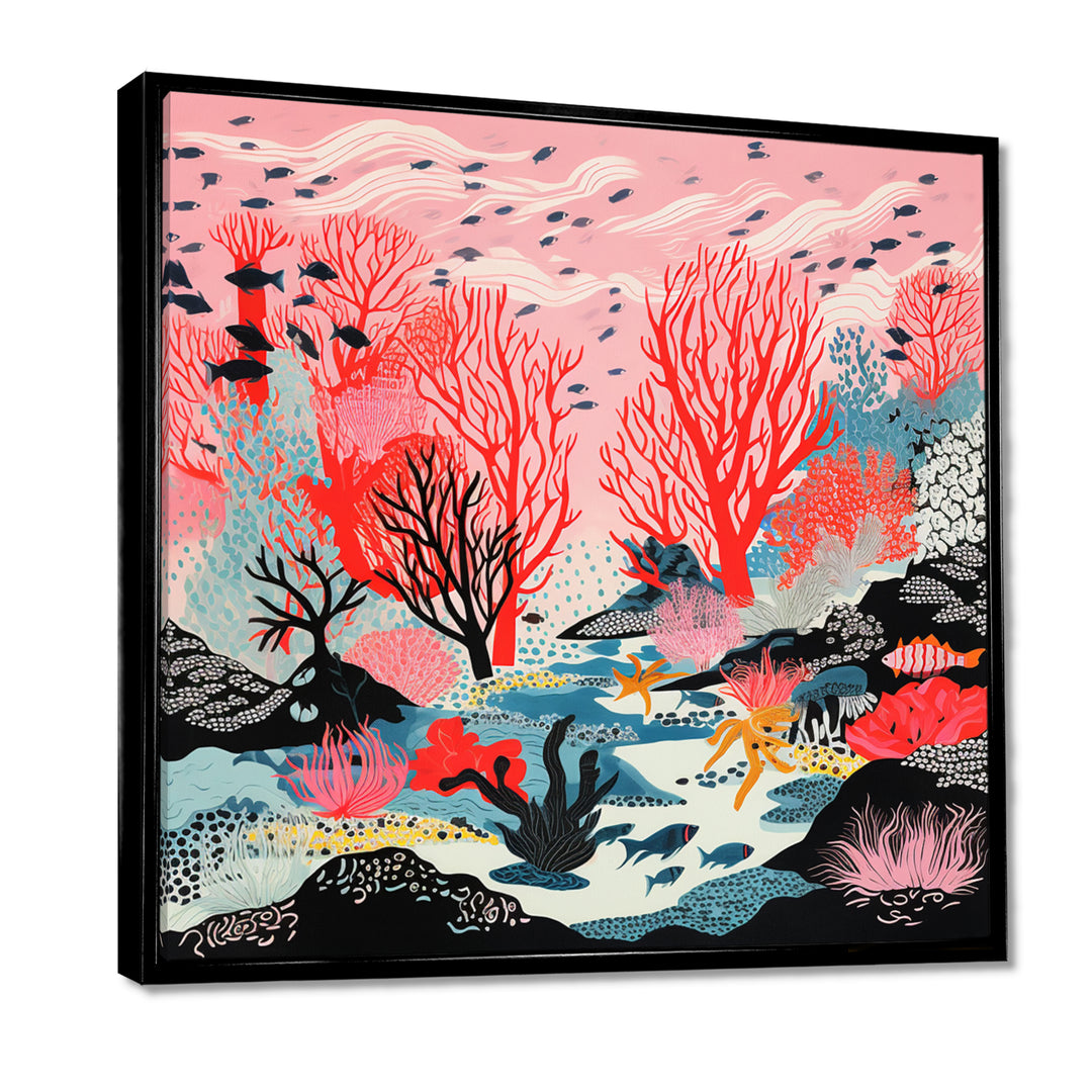Deep Ocean Red Coral With Little Fishes Retro Illustration - Coral Wall Decor