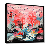Deep Ocean Red Coral With Little Fishes Retro Illustration - Coral Wall Decor