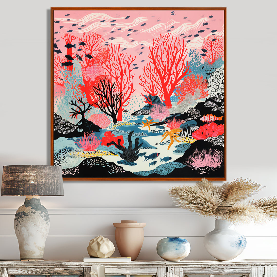 Deep Ocean Red Coral With Little Fishes Retro Illustration - Coral Wall Decor