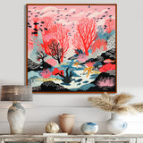 Deep Ocean Red Coral With Little Fishes Retro Illustration - Coral Wall Decor