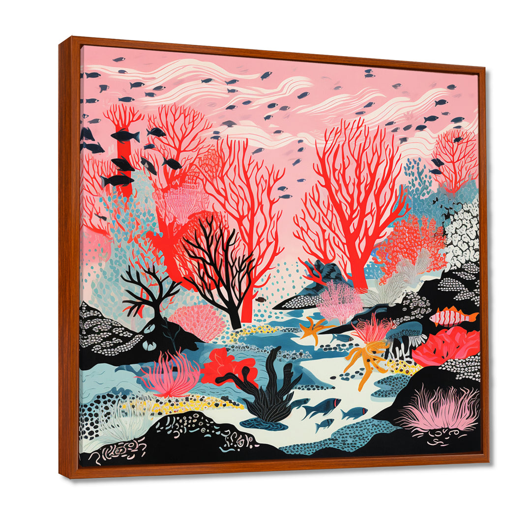 Deep Ocean Red Coral With Little Fishes Retro Illustration - Coral Wall Decor