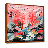 Deep Ocean Red Coral With Little Fishes Retro Illustration - Coral Wall Decor