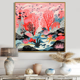 Deep Ocean Red Coral With Little Fishes Retro Illustration - Coral Wall Decor