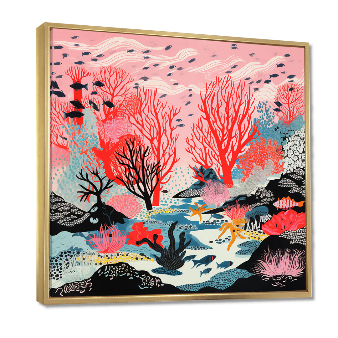Deep Ocean Red Coral With Little Fishes Retro Illustration - Coral Wall Decor