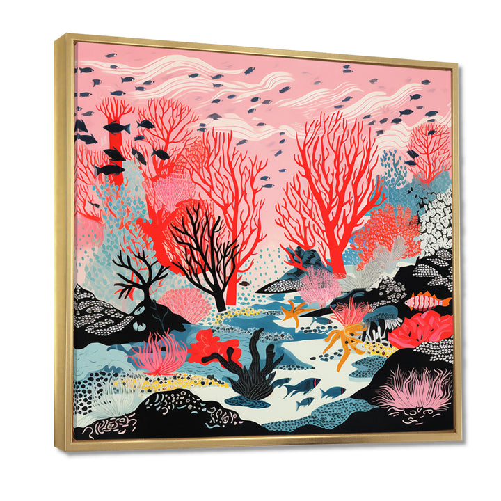 Deep Ocean Red Coral With Little Fishes Retro Illustration - Coral Wall Decor