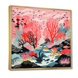 Deep Ocean Red Coral With Little Fishes Retro Illustration - Coral Wall Decor
